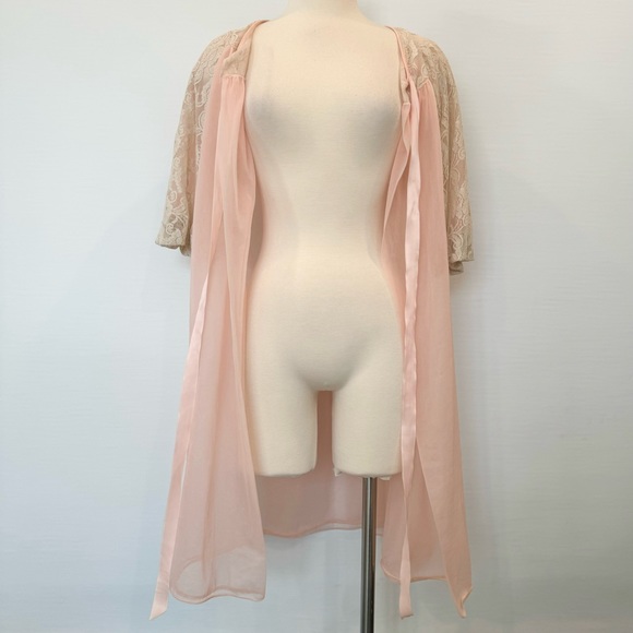 Vintage 60s Sheer Chiffon Peach Ivory Lace Dressing Gown MCM Peignoir Robe🔥 - Picture 6 of 11